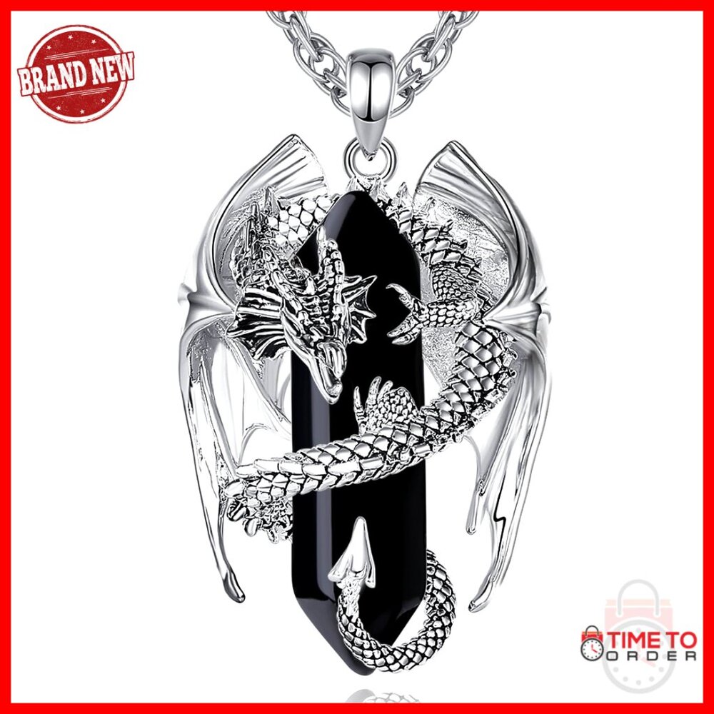 Dragon Pendant Necklace With Healing Crystal, 24 Inch Stainless Steel Chain